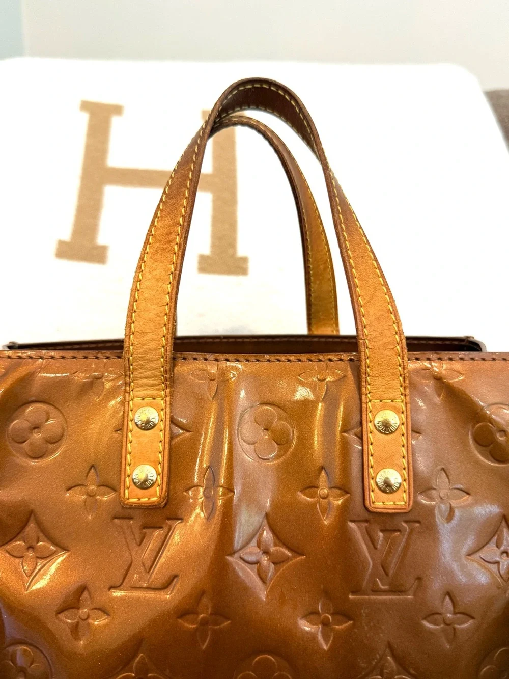 Authentic Louis Vuitton Vernis Reade PM bronze small tote bag brown gold LV